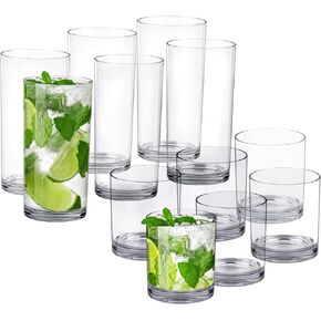 Tiawudi 12 Pack Plastic cups, Clear Tumblers, 6 each: 12 ounce and 16 ounce Water Drinking Cups, Reusable Drinking Glasses Set