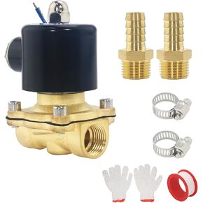 Brass Electric 1/2" Solenoid Valve, DC12V, Normally Closed for Water, Air, Gas, Fuel, Oil, Includes of 2 Fittings, 1 Tape, 2 Clamps, 1 Pair of Gloves