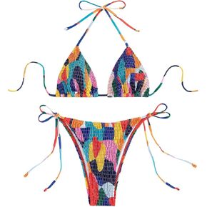WDIRARA Women's 2 Piece Color Block Halter Triangle Bikini Set Smocked Drawstring Side Swimsuit
