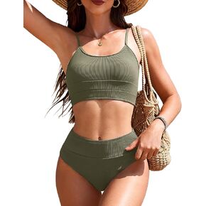 AI'MAGE Women's High Waisted Bikini Sets Two Piece Tummy Control Swimsuits 2025 Color Block Sporty Ribbed Bathing Suits