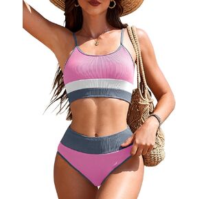 AI'MAGE Women's High Waisted Bikini Sets Two Piece Tummy Control Swimsuits 2025 Color Block Sporty Ribbed Bathing Suits in Kuwait