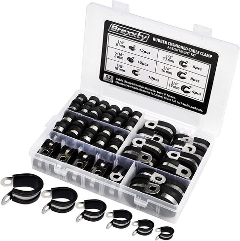 52 PCS Cable Clamps Kit - 304 مشابك سلك الفولاذ المقاوم للصدأ من 6 أحجام - 1/4 "5/16" 3/8 "1/2" 5/8 "3/4" - إلى الحزمة ، المشبك ، وحماية الأسلاك ، الأنابيب ، والكابلات in Kuwait