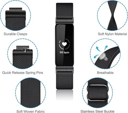 نطاقات مرنة Fintie متوافقة مع Fitbit Inspire 2 1 ساعة/ACE 3 2 ، حزام حلقة نايلون القابل للتعديل مع Wristband ، Black in Saudi Arabia