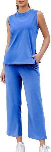 Women's 2 Piece Outfits Summer Casual Sleeveless Top and Wide Leg Pants Set Cotton Lounge Sets Tracksuit 2025 in Saudi Arabia