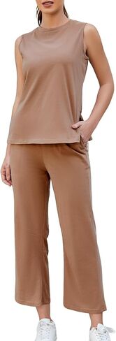 Women's 2 Piece Outfits Summer Casual Sleeveless Top and Wide Leg Pants Set Cotton Lounge Sets Tracksuit 2025 in Saudi Arabia
