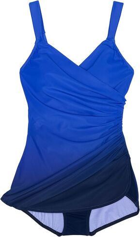 Lands' End Womens Slender Suit V-Neck Tunic One Piece Swimsuit Electric Blue/Navy Ombre D-Cup 14 in Kuwait