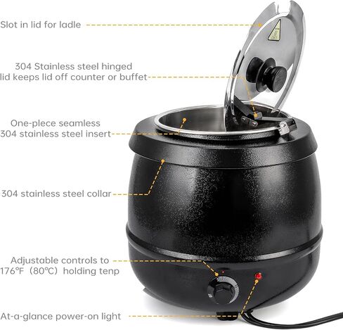 Garvee Commercial Soup Kettle, 10.5QT Soup Warmer with Hinged Lid and Stainless Steel Insert Pot, Ideal for Family Gatherings, Parties, Restaurants, and Buffets(Cast Iron, Black) in Saudi Arabia