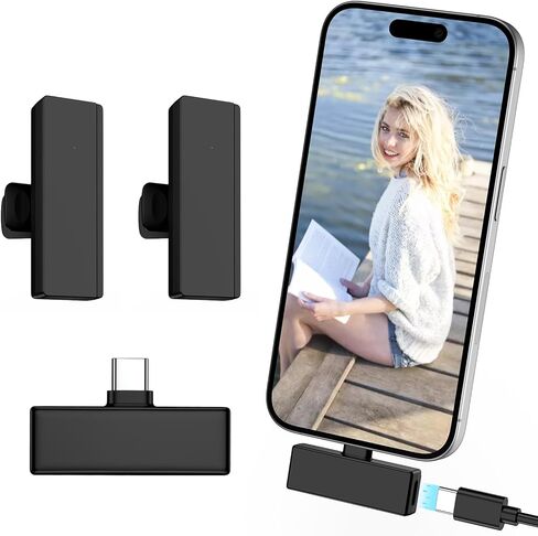 2PACK اللاسلكي لافالييه الميكروفون ، النوع C ميني مقطع على ميكروفون لافيل لاف لتسجيل الفيديو مقابلة بودكاست VLOG YOUTUBE TIKTOK ، USB C TINY Microfono لنظام Android Samsung S24 Fe Ultra iPhone 16 15 PC in Kuwait