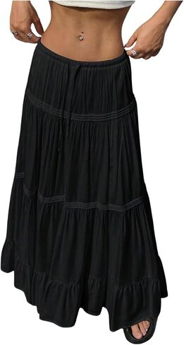 SOLY HUX Women's Maxi Skirt Drawstring Elastic Waist Ruffle Hem Long Flowy Skirts in Saudi Arabia