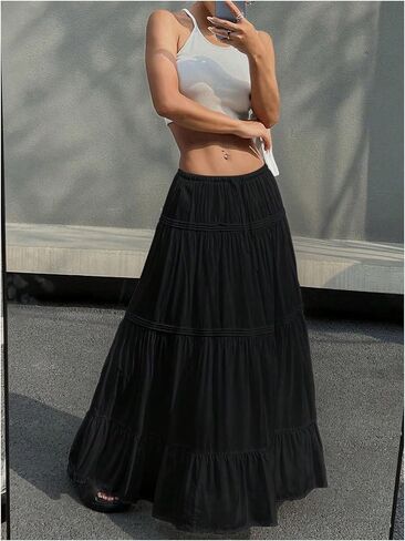 SOLY HUX Women's Maxi Skirt Drawstring Elastic Waist Ruffle Hem Long Flowy Skirts in Saudi Arabia
