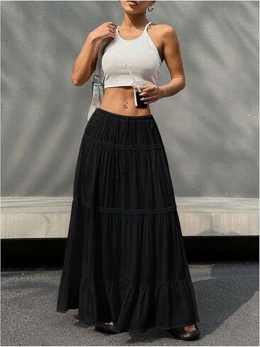 SOLY HUX Women's Maxi Skirt Drawstring Elastic Waist Ruffle Hem Long Flowy Skirts in Saudi Arabia