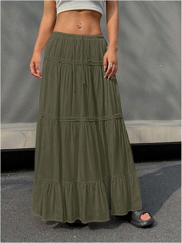 SOLY HUX Women's Maxi Skirt Drawstring Elastic Waist Ruffle Hem Long Flowy Skirts in Saudi Arabia