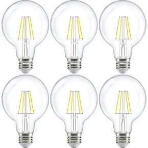 Sunco 6 Pack G25 Globe Light Bulbs LED Edison Vanity Light Bulbs, CRI90 3000K Warm White, Dimmable, 5W=60W, Clear Vintage Filament Globe, 500 Lumens, E26 Base Indoor Outdoor Clear UL