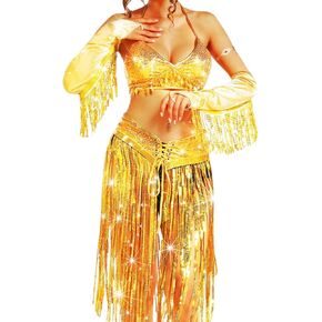 GORAIS Sequin Rave Outfits Sparkly Fringe Skirt Set Belly Dance Carnival Costumes for Women