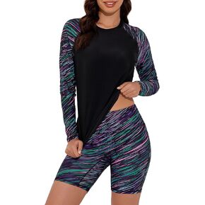 Women's 2 Piece Rash Guard UPF 50+ Long Sleeve Swim Shirt Built in Bra Swimsuit with Boyshorts with Pockets