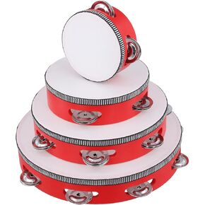 4 PCS 4" 6" 8" 10" Red Wooden Tambourine, Musical Instrument Tambourine Set, Handheld Drum Bell Metal Jingles Single Row Percussion for Church, Party