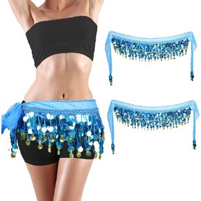 Belly Dance Skirt 2Pack, Belly Dance Hip Scarf, Belly Dancer Costumes for Women, Belly Dancing Outfits, Belly Dance Coin Skirts, Light Blue