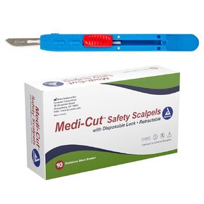 Dynarex Medi-Cut Disposable Scalpel - Retractable Safety Scalpel with Lock - #10 Stainless Steel Blade - Individually Wrapped & Sterilized - Box of 10