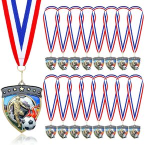 Remuuly Soccer Award Medals for Adults 3.35 Inch Shield Shape Metal Winner Award Medals with Red White Blue Striped Neck Ribbons for Sport Team Participation Trophy Prize Gift
