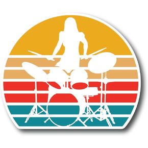 Retro Girl Drummer Silhouette 4 Inch Waterproof Decal Sticker Vintage Band Rock Drum Radiohead Punk Pop Guitar Metal Country Music Instrument Musical Singer DJ Acoustic Studio Jazz Sing CS1440-2PK