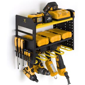 Power Tool Organizer - Wall Mount Storage for Garage Organizes 4 Cordless Drills & Tools - Easy Assembly Heavy Duty Rack has Pegboard Sides Shelves & Hooks - Neatly Holds Screwdrivers & Drill Bits