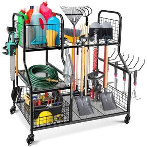 Kalolary Garden Tool Organizer for Garage, Multi-Function Yard Tool Organizer, Storage Holder Cart, Garden Tool Stand for Garden Shed Garage Yard Basement Lawn
