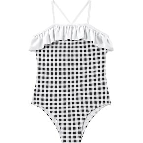 LIZENS Girls One Piece Swimsuit with Checkered Pattern and White Ruffles