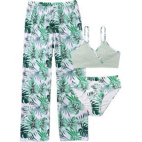 SHENHE Girl's 3 Pieces Bikini Bathing Suit Tropical Print High Waist Swimsuit Cover Up Sets