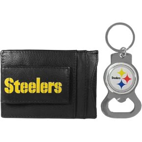 Siskiyou NFL Bottle Opener Keychain Bundle - Minimalist Leather ID Card Holder - Stay Organized & Show Off Your Team Spirit (Pittsburgh Steelers - Black)