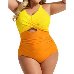 Hanna Nikole Women Plus Size One-Piece Swimsuit Full Coverage Modest Twist Front Bathing Suit Swimming Swimwear Orange 12w