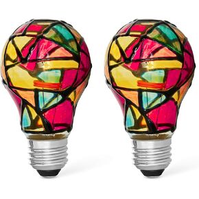 2 Pack LED Stained Glass Light Bulb A19 2W (25W Equivalent) E26 Base Painted Light Bulb Night Light Mosaic Light Bulb Party Light Bulb Stainglass Light Bulb - Tiffany Light Bulbs Atained Glass