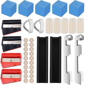 38pcs Pool Cue Repair Kit, Includes 2 Pool Cue Tip Clamp 20 Billiard Cue Tips 4 Shaper 5 Chalk Cubes 5 Ferrules 2 Planers Pool Stick Tips Replacement Kit Accessories for Billiard Cues Repair