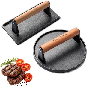 Bellemain Heavy-Duty Cast Iron Grill Press Set – Perfect Smash Burger & Steak Press with Ergonomic Wood Handle for Pro-Level Searing on Griddle, Skillet, or BBQ