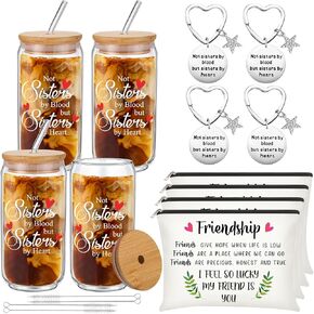 Friendship Gifts for Women, Christmas Birthday Gifts for Friend, 4 Pcs Friend 16 oz Glass Cups, 4 Pcs Friends Makeup Bags, 4 Pcs Keychains, Friend Gift for Coworker Sister Roommate(Heart)