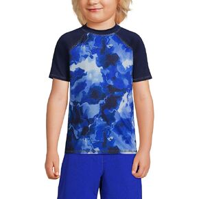 Lands' End Boys Chlorine Resistant Crew Neck Rash Guard Electric Blue Marble Tie Dye Kids Large