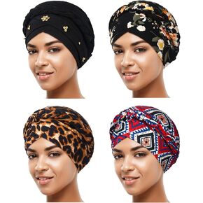 SATINIOR 4 Pieces African Women Turban Cap Head Wraps Beaded Headscarf Beanie Wrap