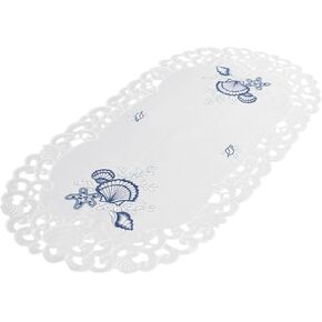 Embroidered Blue Seashell Beach on White Table Runner, Dresser Scarf, Coffee Table Runner (14Wx27L)