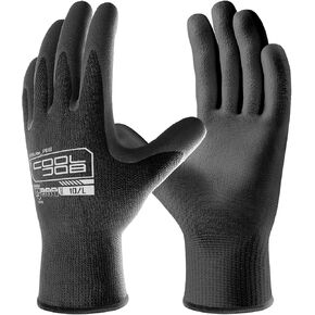 COOLJOB 12/60 Pairs Safety Work Gloves Pack Bulk with Grip PU Coating, 13 Gauge Seamless Knit Gloves with Polyurethane Dipped for Warehouse Working, Breathable Lightweight for Men Women, Black Large