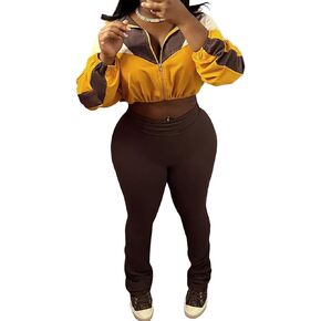 Recious Womens Sexy 2 Pieces Colorblock Zipper Jackets Crop Tops Shirts Bodycon Pants Party Clubwear Tracksuit Outfits Set