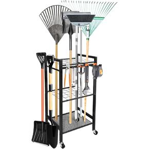 Garden Tool Organizer, Heavy Duty Yard Tool Organizer Storage, Garage Storage Organization Garage Organizer Tool Tower Rack for Handle Tools, Rake, Brooms with Extra Hooks + Moveable Wheels