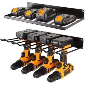 Wall Mounted Power Tool Organizer Holder, Drill Holder Wall Mount with 4 Drill Holder, Heavy Duty Garage Tool Organizers and Storage with Hooks for Tool Room, Workshop, Garage