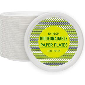 Paper Plates 10 Inch [125 Count], 100% Compostable Disposable Plates Heavy Duty, Made of Bagasse Biodegradable Eco-Friendly Paper Plates Bulk for Party, Wedding, Dinner, BBQ (White)