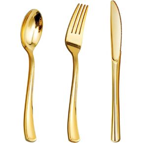 Goodluck 150PCS Gold Plastic Silverware, Gold Utensils Disposable, Plastic Cutlery Set of 50 Gold Forks, 50 Gold Spoons, 50 Gold Knives for Wedding, Party, Birthday, Holidays
