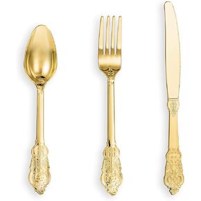 N9R 120pcs Gold Plastic Silverware, Gold Disposable Silverware Include 40 Forks, 40 Spoons, 40 Knives, Gold Plastic Flatware, Gold Cutlery Set Disposable for for Party, Wedding and Daily Use