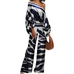 OCEANLUX Women's Disco Outfit 2 Piece Off Shoulder 70s Going Out High Waist Printed Loose Flowy Lounge Sets
