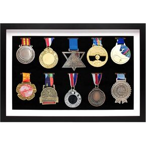 Medal Display Shadow Box Frame, 10 Medals Display Case, 3D Medal Box Photo Frame for Runners, Marathon, Soccer, Football, Gymnastics & All Sports, Military Medals Badge Award Insignia (Black, A3)