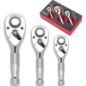 TOMMARS Stubby Ratchet Set, 1/4", 3/8", 1/2" Drive Ratchet Handle Wrench 72-Tooth Quick-Release Reversible