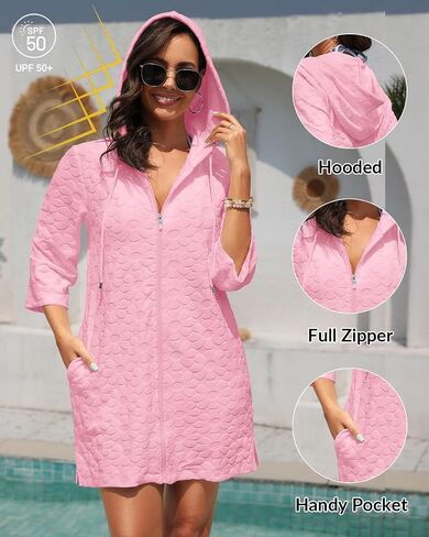 Yonique Terry Cloth Cover Up - Long Sleeve Cover Swimsuit Hooded Zipper Beach Cover-up with Pockets in Kuwait