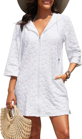 Yonique Terry Cloth Cover Up - Long Sleeve Cover Swimsuit Hooded Zipper Beach Cover-up with Pockets in Kuwait