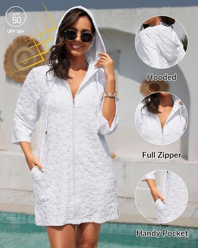 Yonique Terry Cloth Cover Up - Long Sleeve Cover Swimsuit Hooded Zipper Beach Cover-up with Pockets in Kuwait